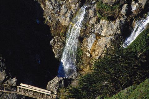 A portion of Ragged Point’s Black Swift Falls trail. At 400 feet, Black Swift Falls is the tallest waterfall on the Big Sur coast.